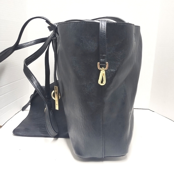 Calvin Klein Black Leather Tote with Gold Hardware + Matching Pouch - Picture 5 of 13